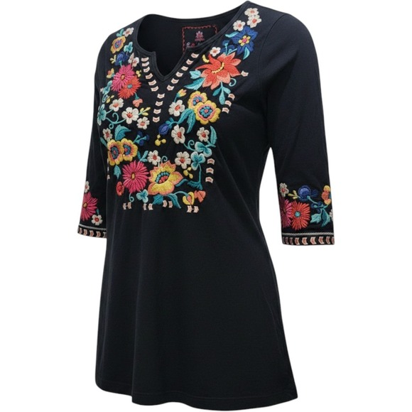 Johnny Was Tops - JW Los Angeles Johnny Was Black Floral Embroidered Boho V-Neck Top S 3/4 Sleeve